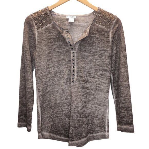 VENUS Tops - Venus Knit Henley Top Women XS  V Neck Crochet Lace Shoulder Brown Boho Studs